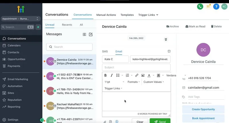 GoHighLevel CRM dashboard used for lead tracking, automation workflows, and follow-up sequences.